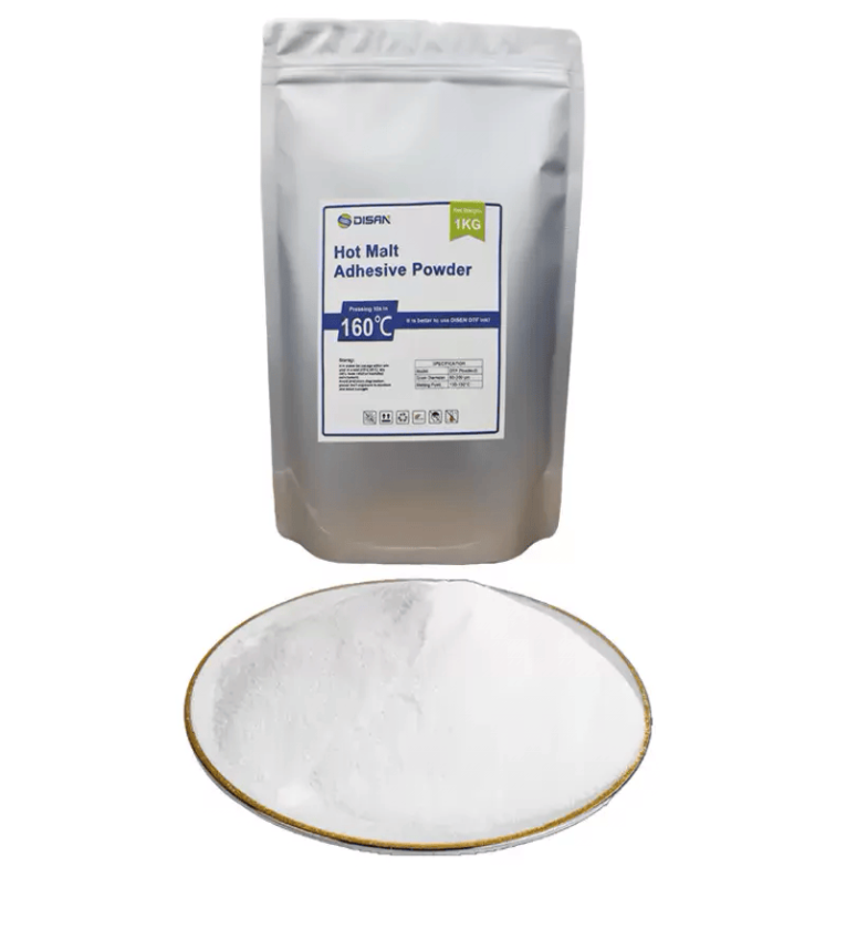 Poudre TPU thermofusible DTF Disen, adhérence forte, haute élasticité, résistante au lavage, chaleur et eau. Idéale pour transfert thermique textile.